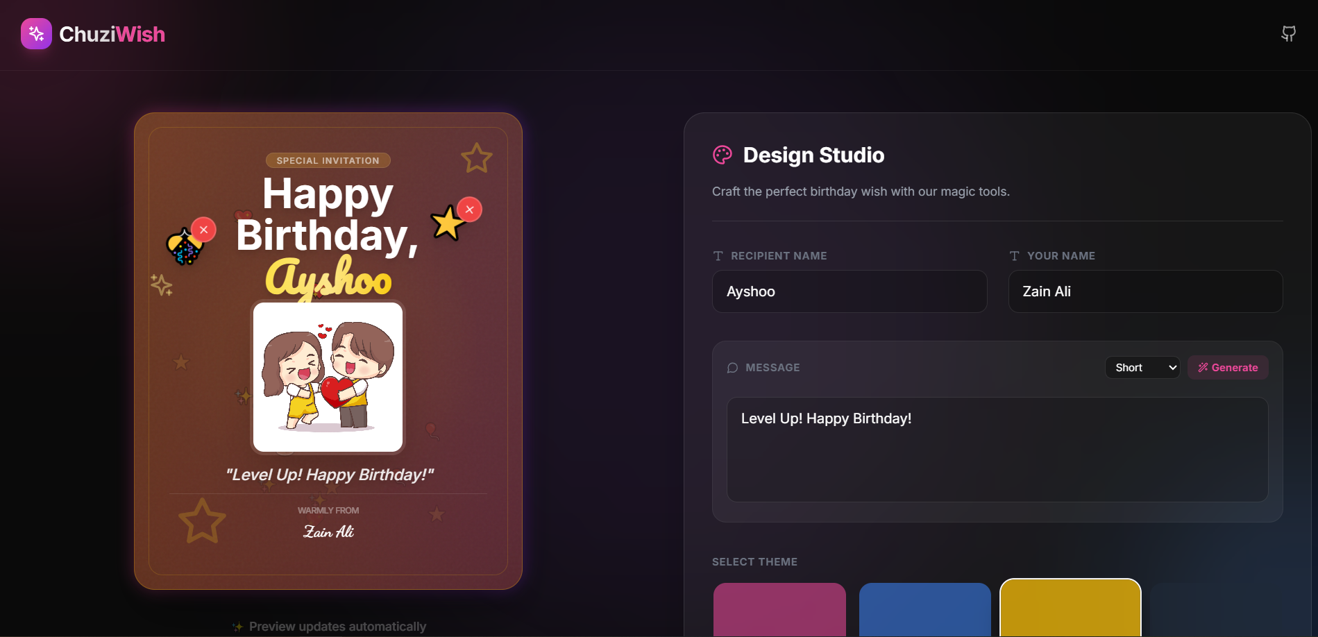 Chuzi Wisher - Birthday Card Generator Tool